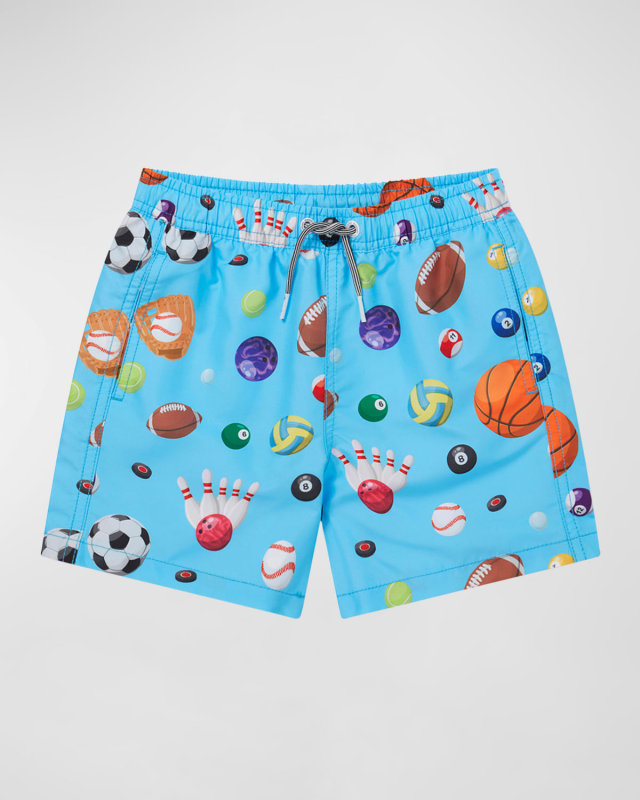 Boy's Sports Balls-Print Swim Shorts, Size 1-